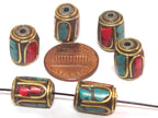 4 Beads - Tibetan brass beads thick cylinder tube shape with turquoise inlay from Nepal - BD953