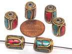 4 Beads - Tibetan brass beads thick cylinder tube shape with turquoise inlay from Nepal - BD953