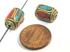 4 Beads - Tibetan brass beads thick cylinder tube shape with turquoise inlay from Nepal - BD953