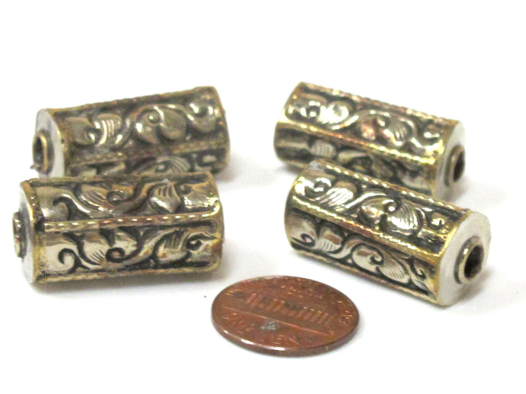 1 Bead - Ethnic Nepal beads cylinder tube shape Tibetan silver with brass repousse floral design bead- BD967