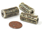 1 Bead - Ethnic Nepal beads cylinder tube shape Tibetan silver with brass repousse floral design bead- BD967