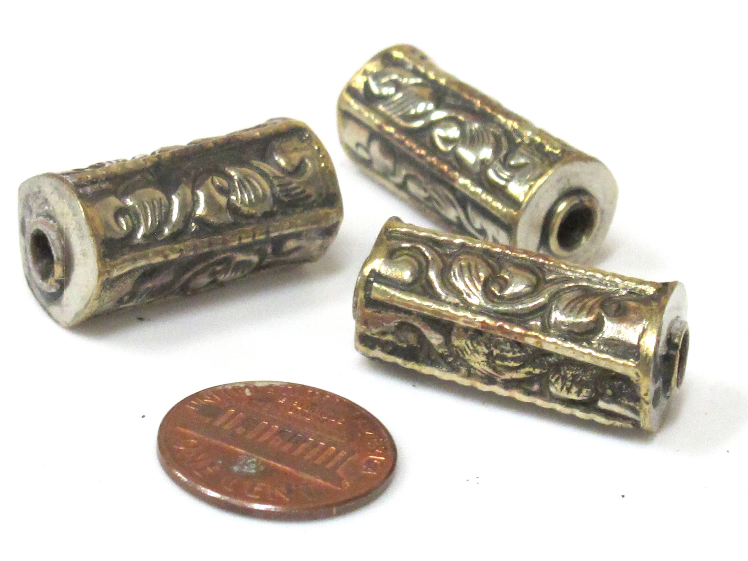 1 Bead - Ethnic Nepal beads cylinder tube shape Tibetan silver with brass repousse floral design bead- BD967