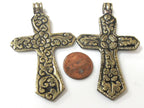 1 Pendant - Reversible Tibetan Nepal solid brass cross pendant with carved flower design both sides - PM423 Copyright Nepalbeadshop