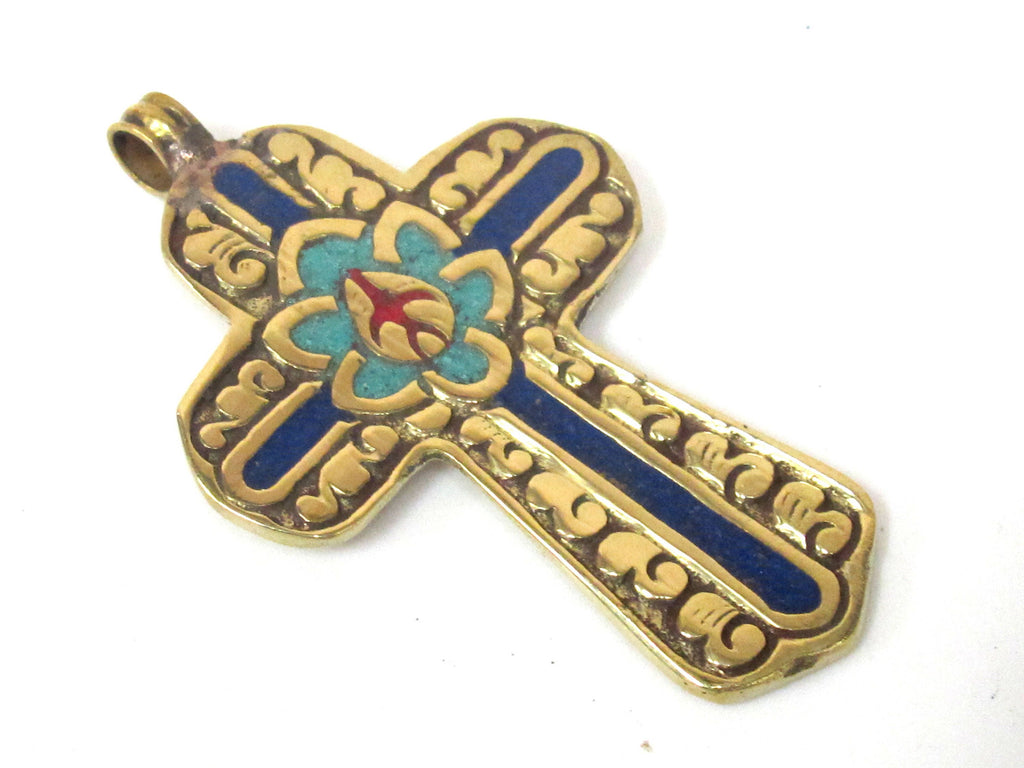 1 Pendant - Reversible Tibetan solid Brass lotus floral filigree cross Pendant with turquoise lapis inlay - PM564A