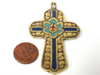 1 Pendant - Reversible Tibetan solid Brass lotus floral filigree cross Pendant with turquoise lapis inlay - PM564A
