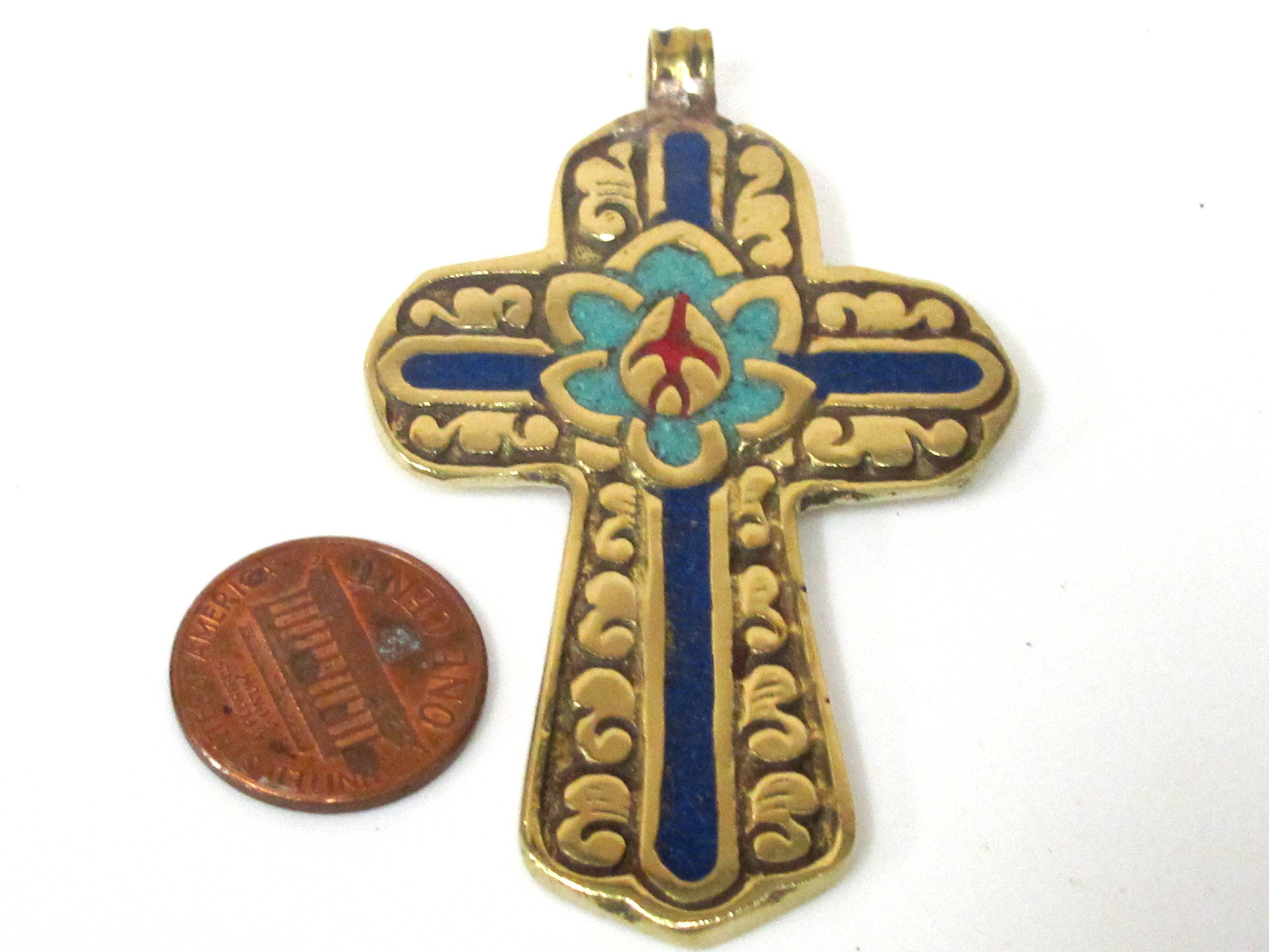 1 Pendant - Reversible Tibetan solid Brass lotus floral filigree cross Pendant with turquoise lapis inlay - PM564A