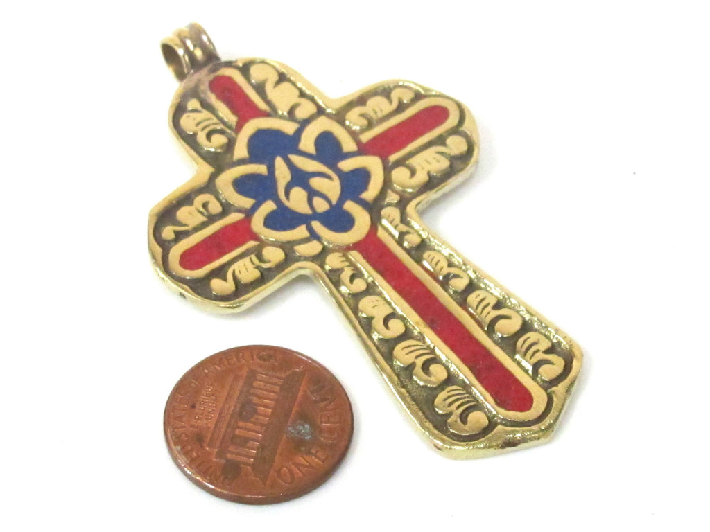 1 Pendant - Reversible Tibetan solid Brass cross pendant with lotus floral carving lapis inlay - PM564B Copyright Nepalbeadshop
