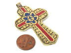 1 Pendant - Reversible Tibetan solid Brass cross pendant with lotus floral carving lapis inlay - PM564B Copyright Nepalbeadshop