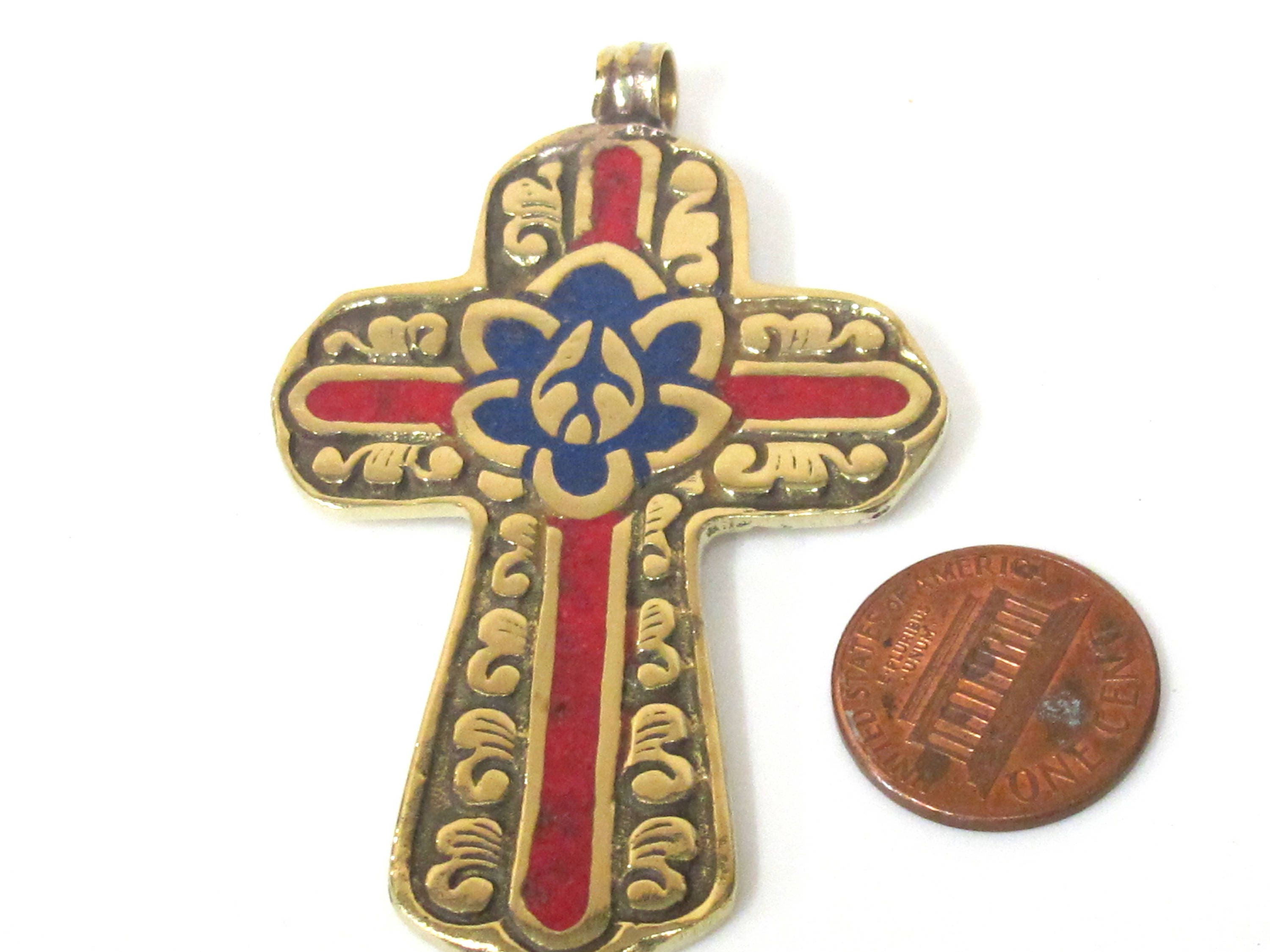 1 Pendant - Reversible Tibetan solid Brass cross pendant with lotus floral carving lapis inlay - PM564B Copyright Nepalbeadshop