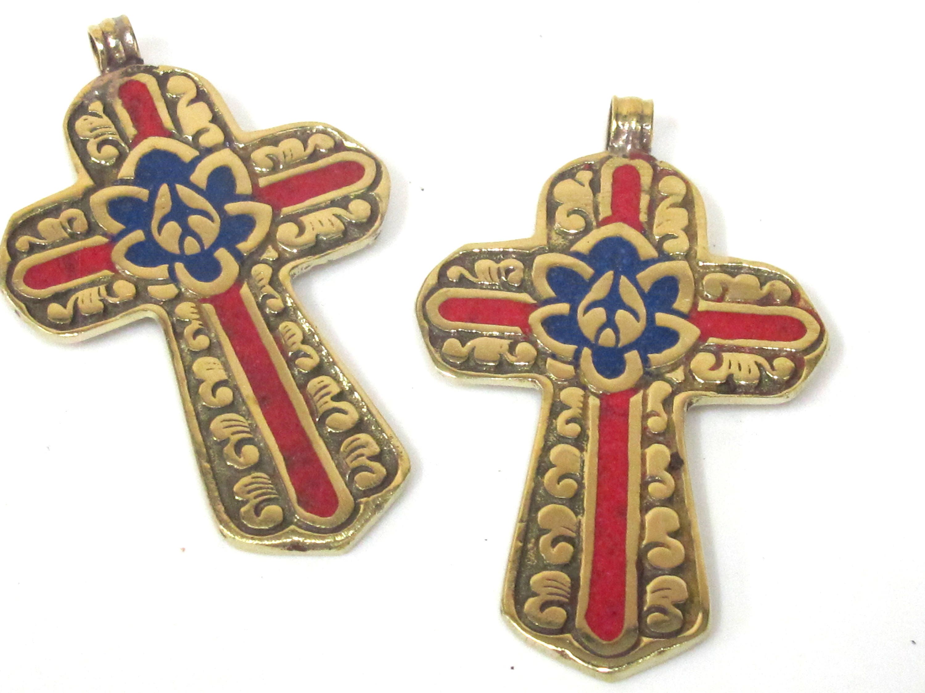 1 Pendant - Reversible Tibetan solid Brass cross pendant with lotus floral carving lapis inlay - PM564B Copyright Nepalbeadshop