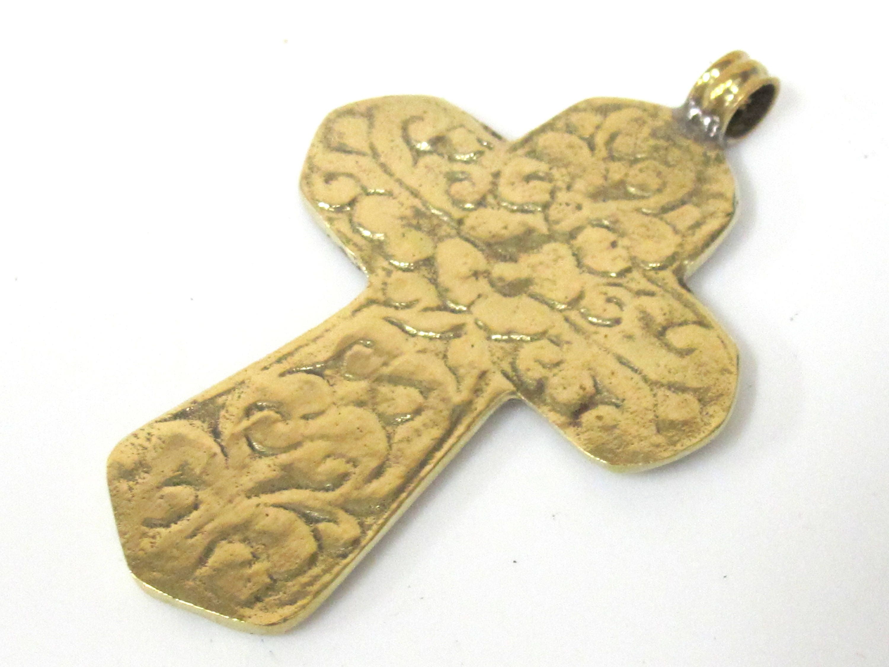 1 Pendant - Reversible Tibetan solid Brass cross pendant with lotus floral carving lapis inlay - PM564B Copyright Nepalbeadshop