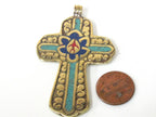 1 Pendant - Reversible Tibetan solid Brass cross pendant with lotus floral carving turquoise lapis inlay - PM564C