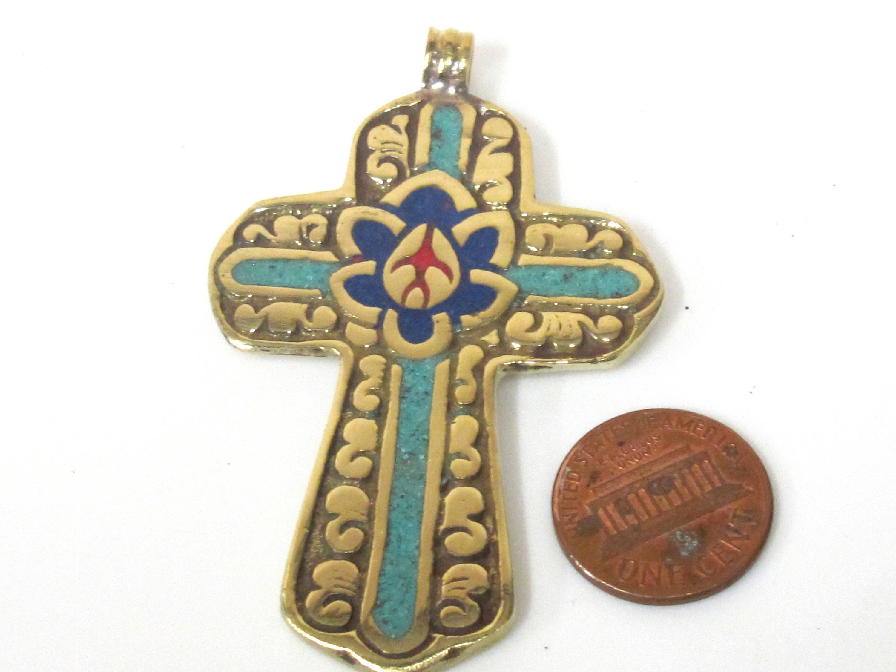 1 Pendant - Reversible Tibetan solid Brass cross pendant with lotus floral carving turquoise lapis inlay - PM564C