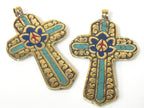 1 Pendant - Reversible Tibetan solid Brass cross pendant with lotus floral carving turquoise lapis inlay - PM564C