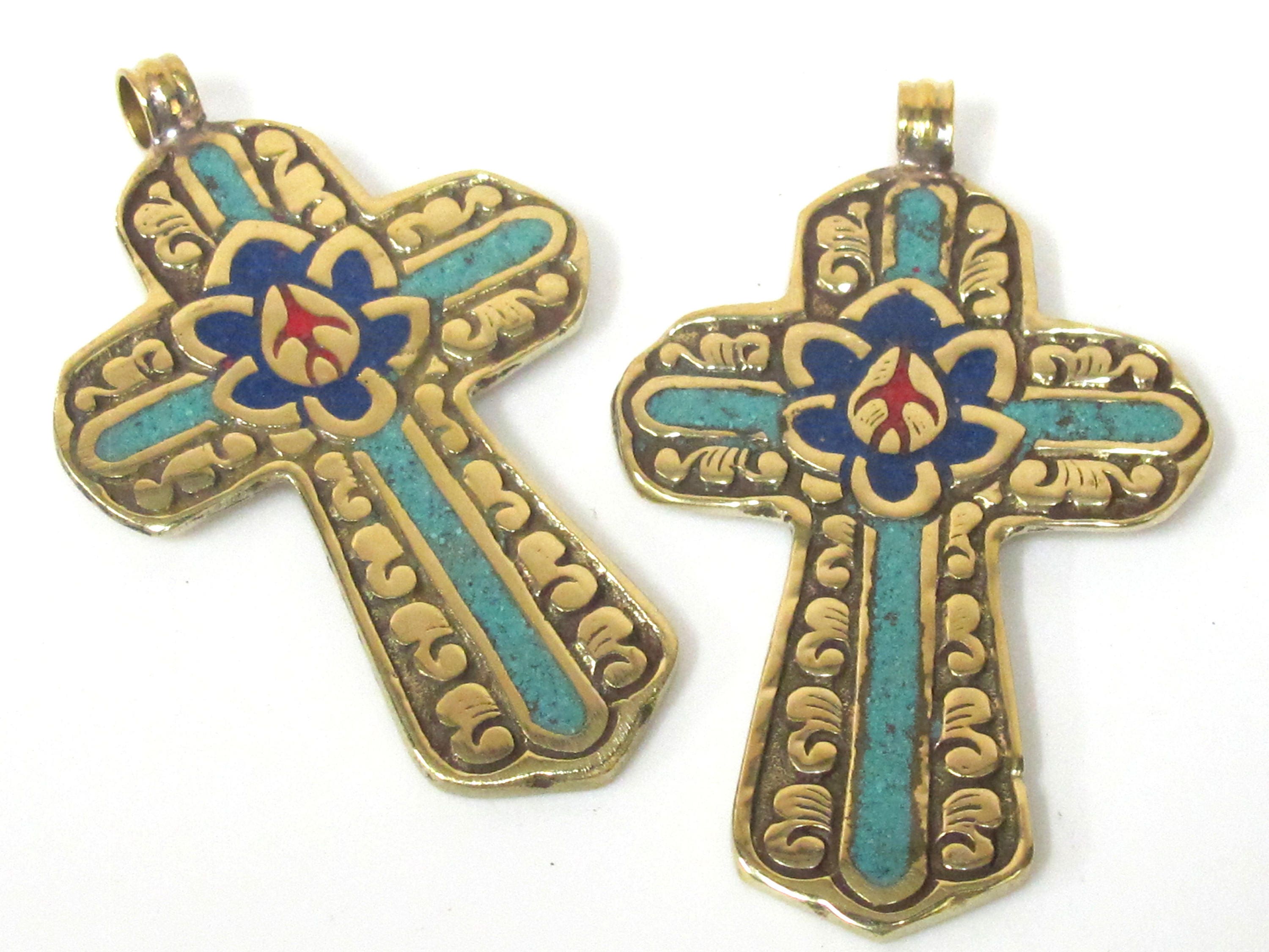 1 Pendant - Reversible Tibetan solid Brass cross pendant with lotus floral carving turquoise lapis inlay - PM564C