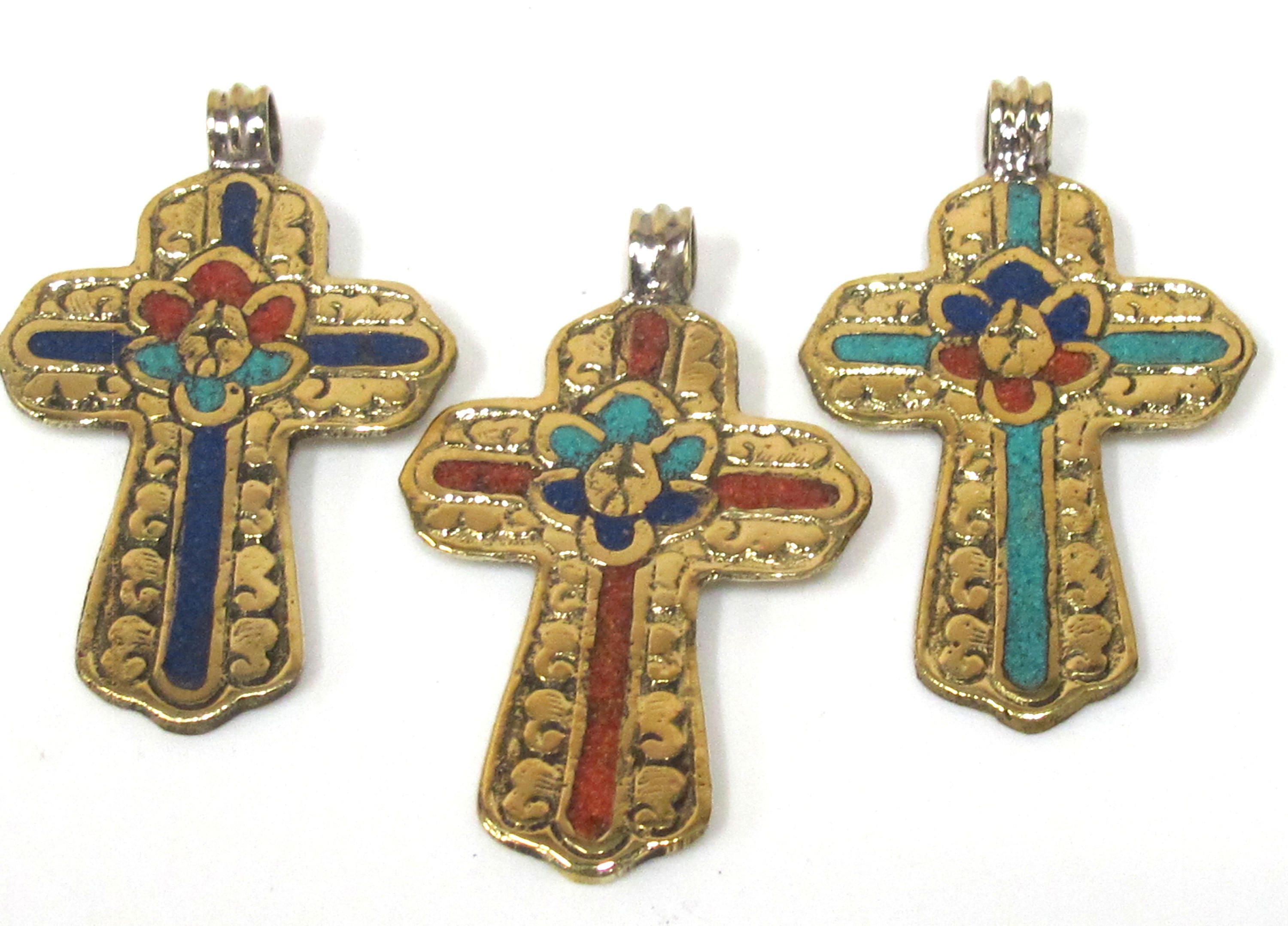3 Pendants set - Ethnic Large Tibetan Nepal solid Brass cross pendant with lotus floral carving turquoise lapis inlay - PM565D
