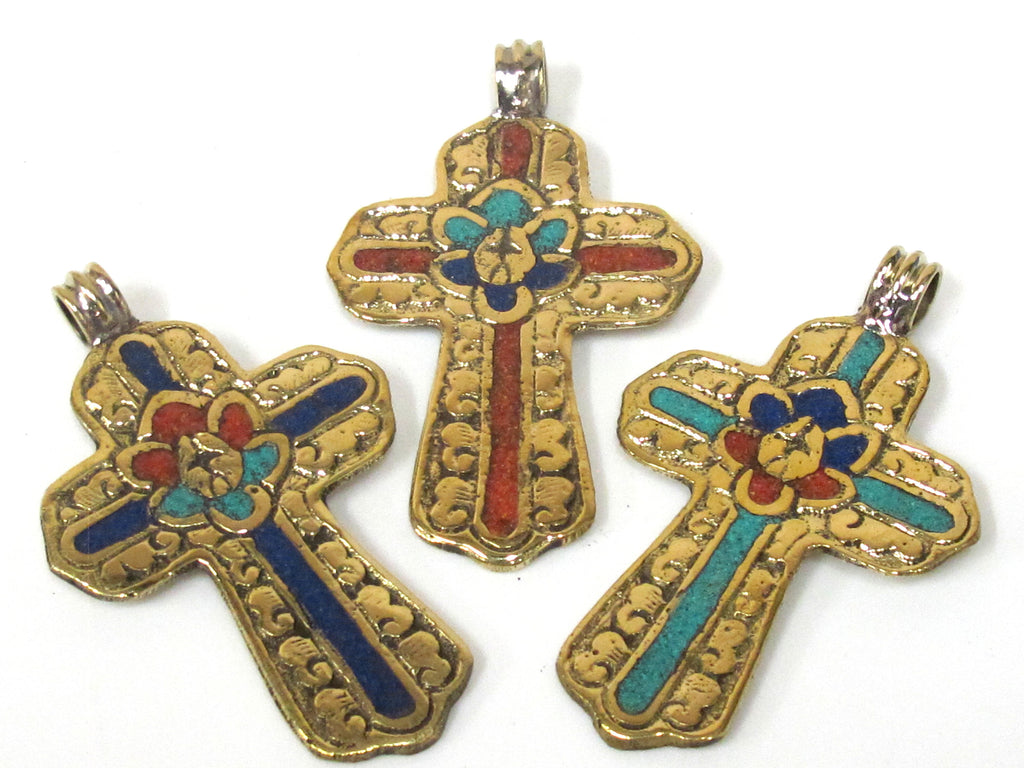 3 Pendants set - Ethnic Large Tibetan Nepal solid Brass cross pendant with lotus floral carving turquoise lapis inlay - PM565D