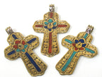 3 Pendants set - Ethnic Large Tibetan Nepal solid Brass cross pendant with lotus floral carving turquoise lapis inlay - PM565D