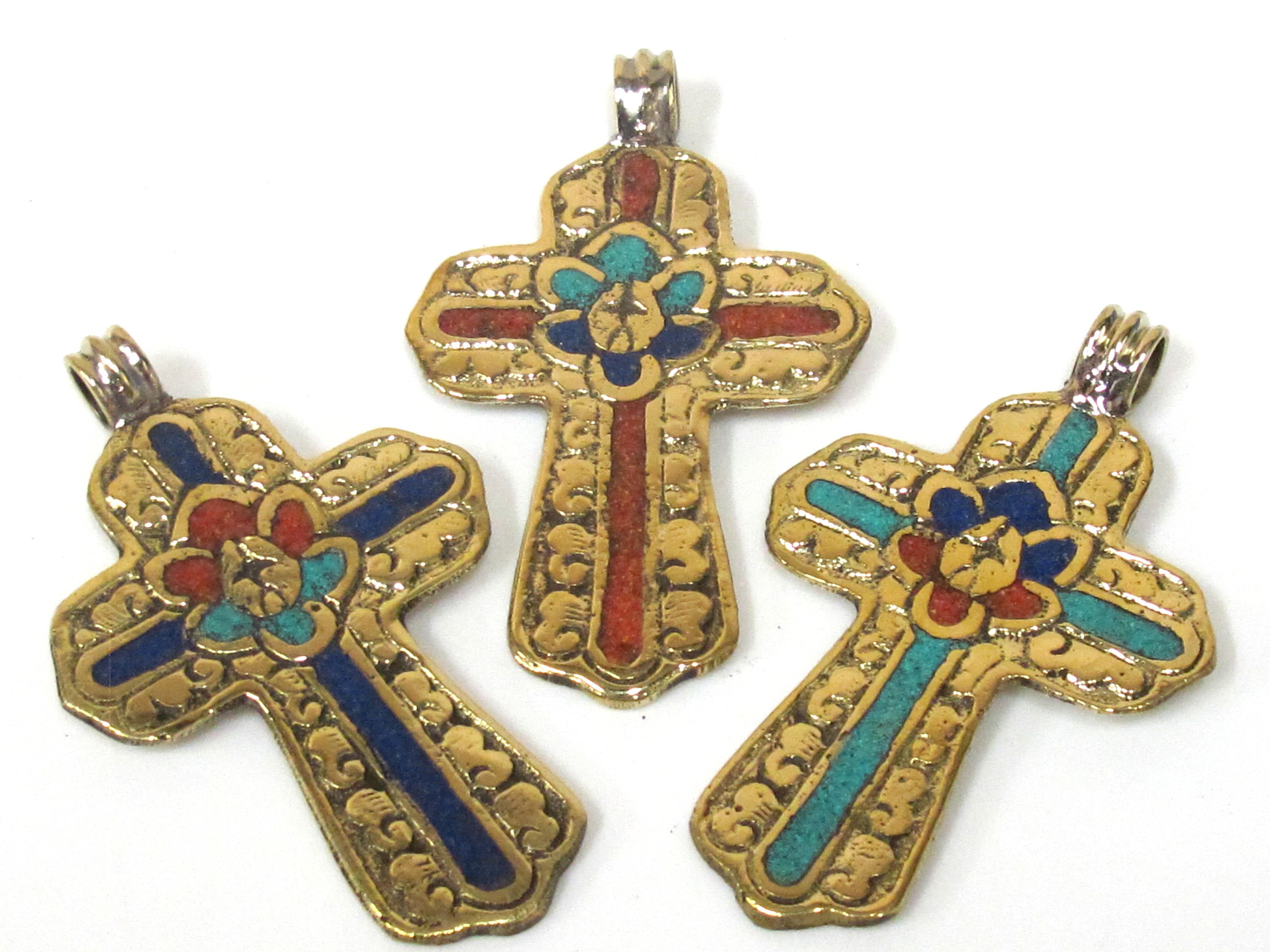 3 Pendants set - Ethnic Large Tibetan Nepal solid Brass cross pendant with lotus floral carving turquoise lapis inlay - PM565D