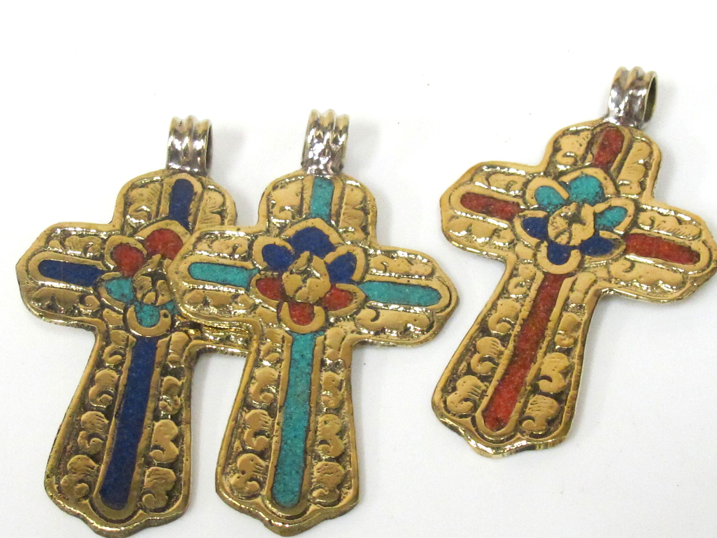 3 Pendants set - Ethnic Large Tibetan Nepal solid Brass cross pendant with lotus floral carving turquoise lapis inlay - PM565D