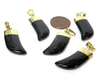1 Pendant - Black agate gemstone horn tusk shape pendant with golden bail - PM324F