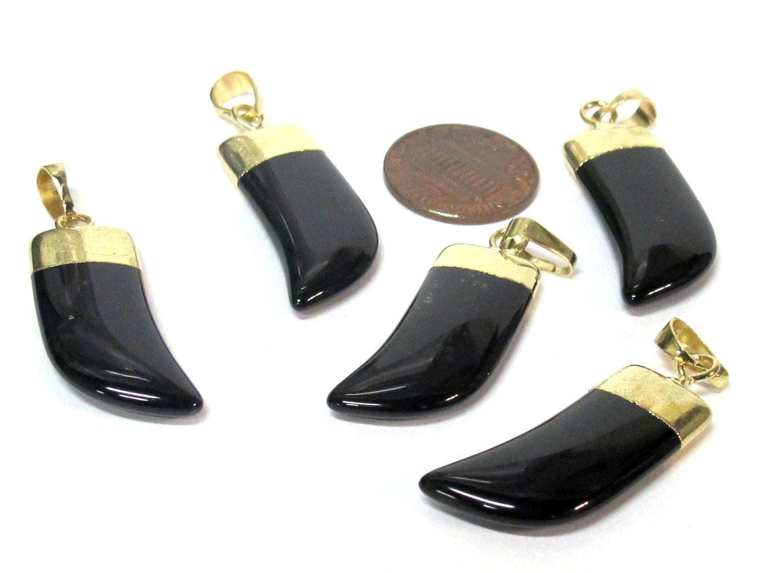 1 Pendant - Black agate gemstone horn tusk shape pendant with golden bail - PM324F