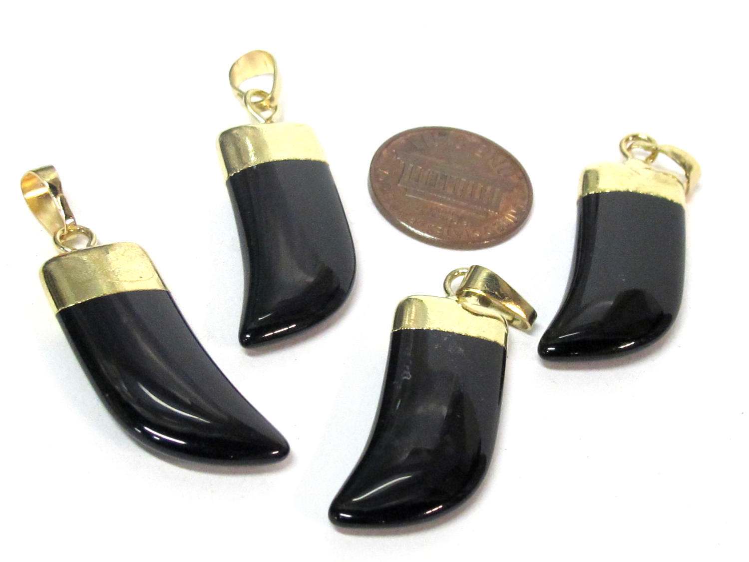 1 Pendant - Black agate gemstone horn tusk shape pendant with golden bail - PM324F