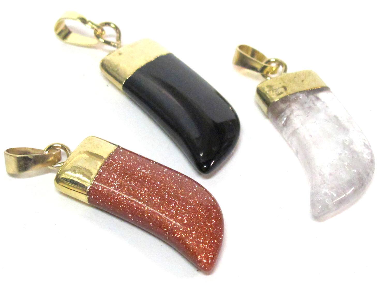 3 Pendants set - Brown sandstone -Black agate - clear quartz gemstone shape pendant with golden bail - PM324G