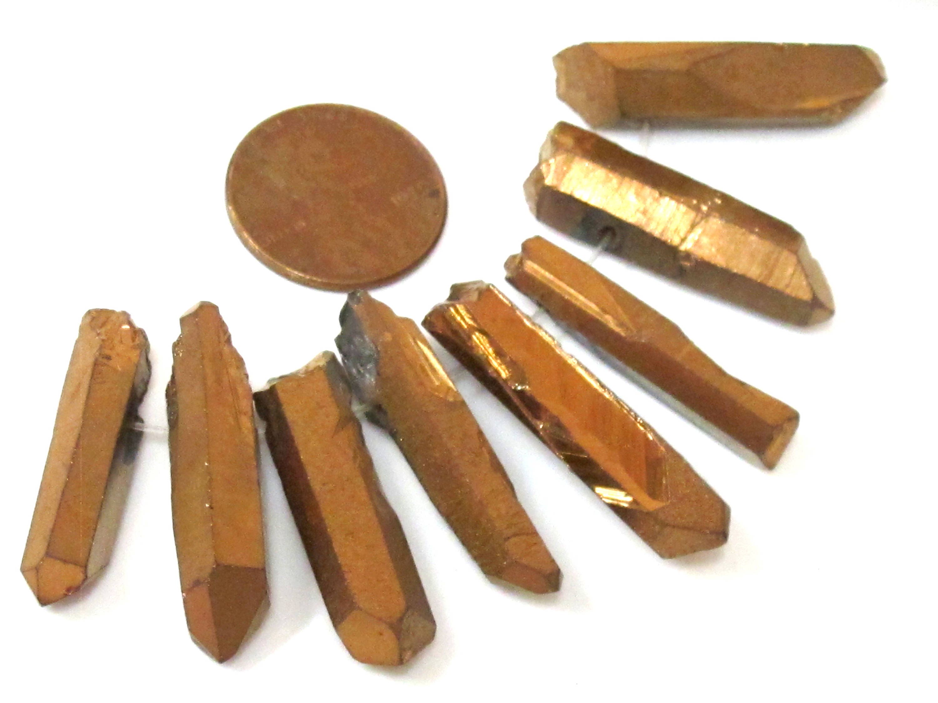 10 BEADS - Quartz gemstone Gold color electroplated quartz point beads sticks - GM434