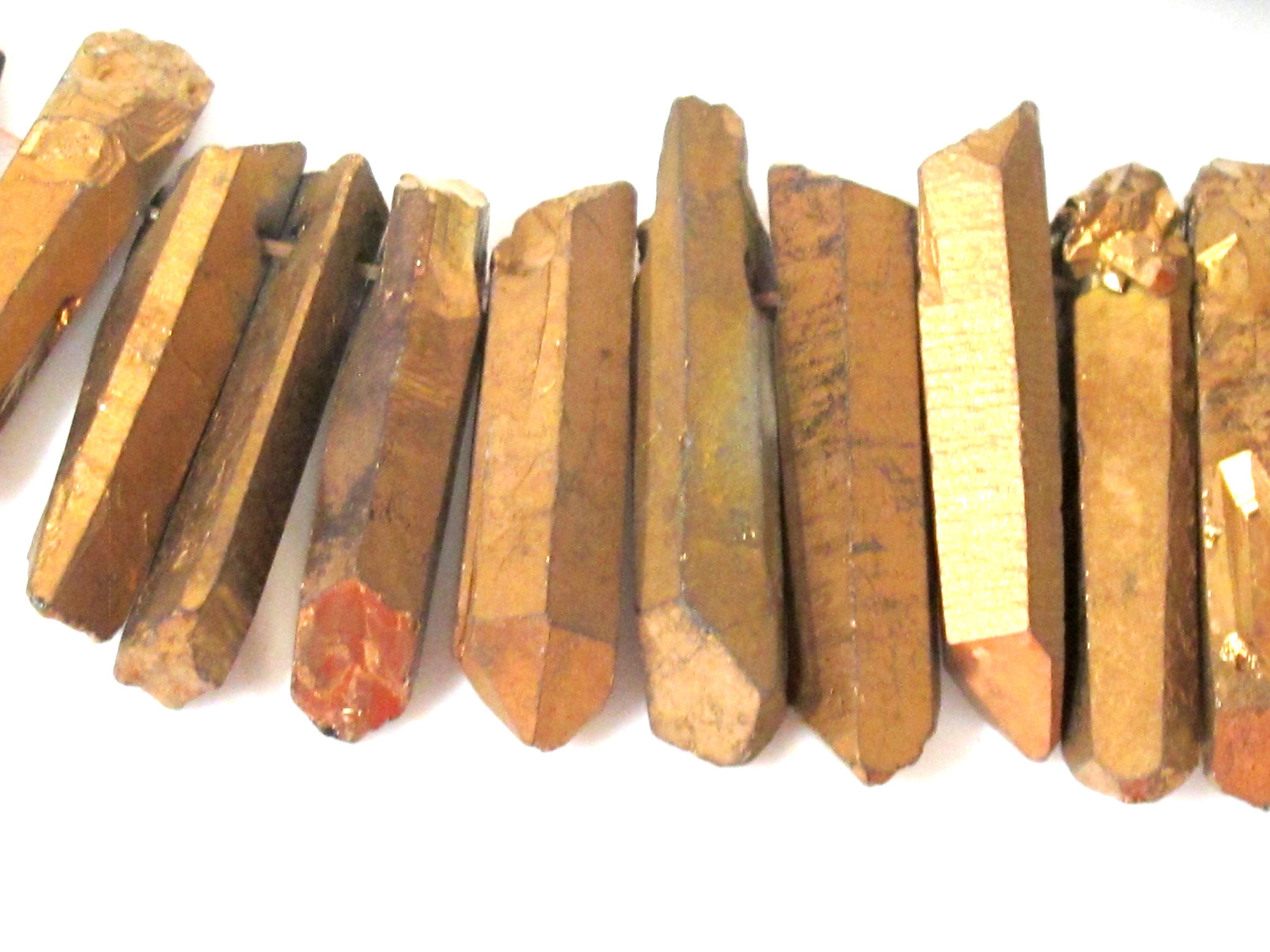 10 BEADS - Quartz gemstone Gold color electroplated quartz point beads sticks - GM434