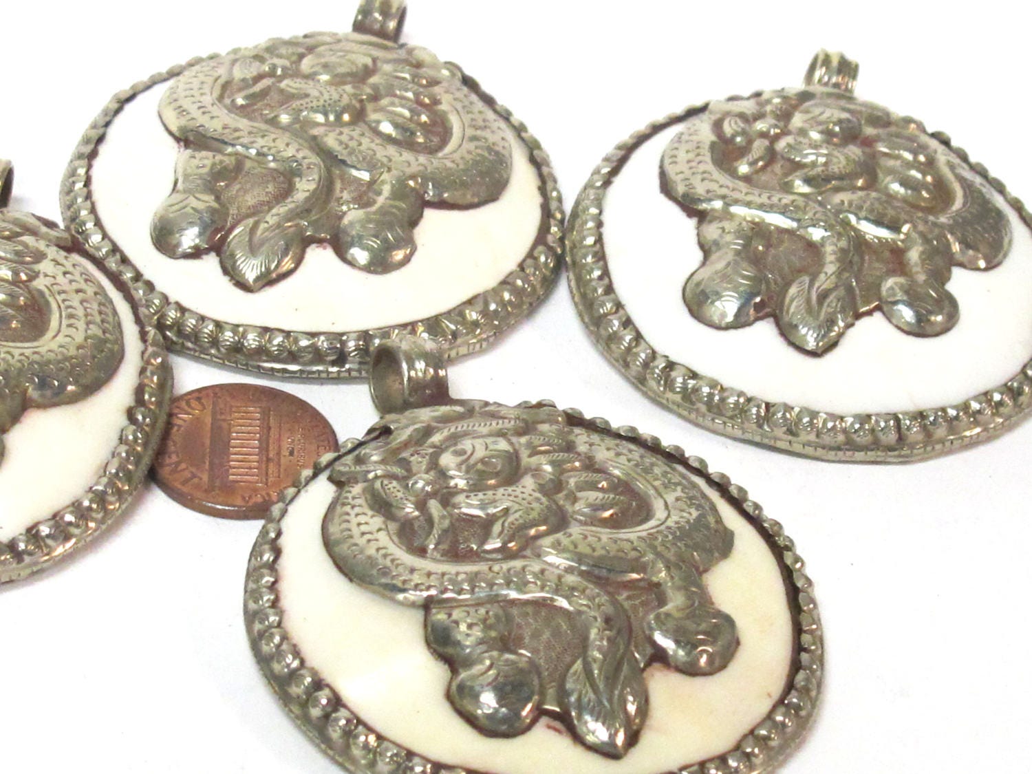 1 pendant - Large bold Tibetan Silver Repousse tribal naga conch shell pendant with tibetan dragon carving - PM491