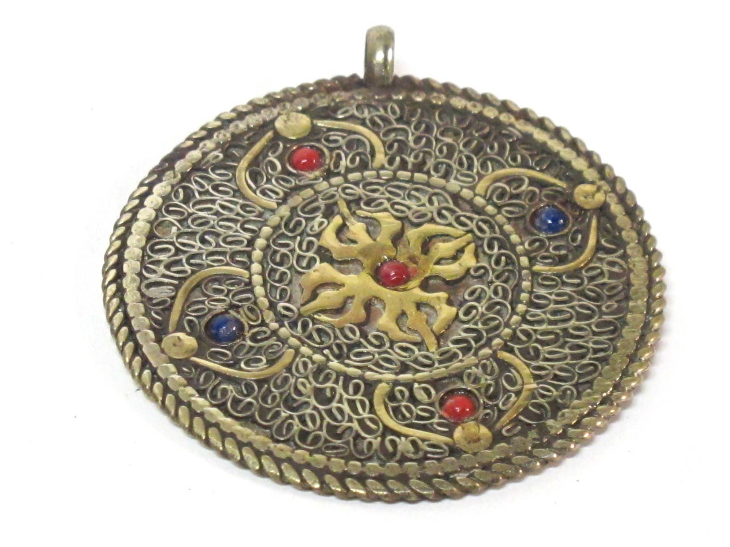 1 Pendant - Reversible Om double dorje Brass filigree pendant from Nepal - PM555