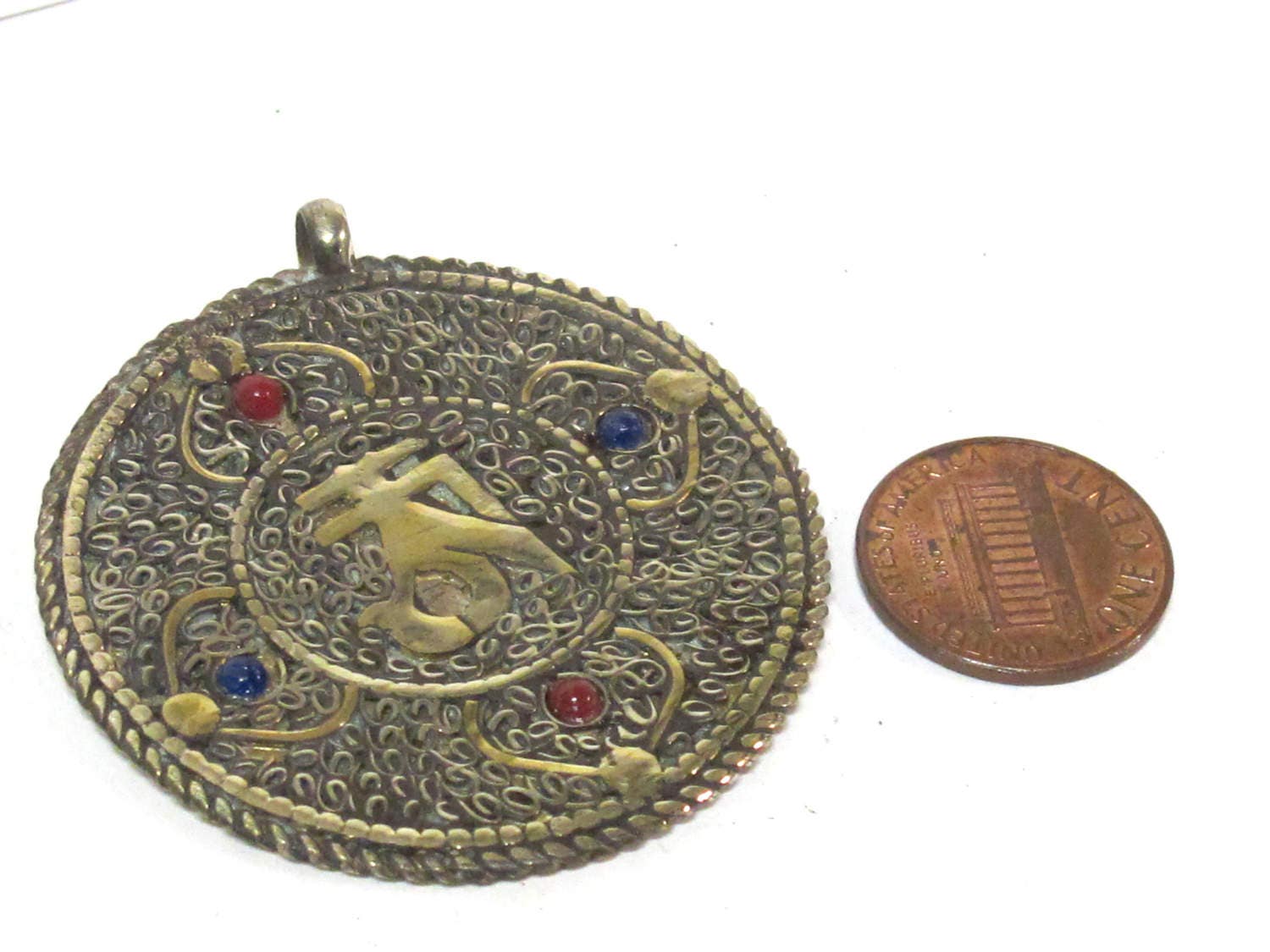 1 Pendant - Reversible Om double dorje Brass filigree pendant from Nepal - PM555