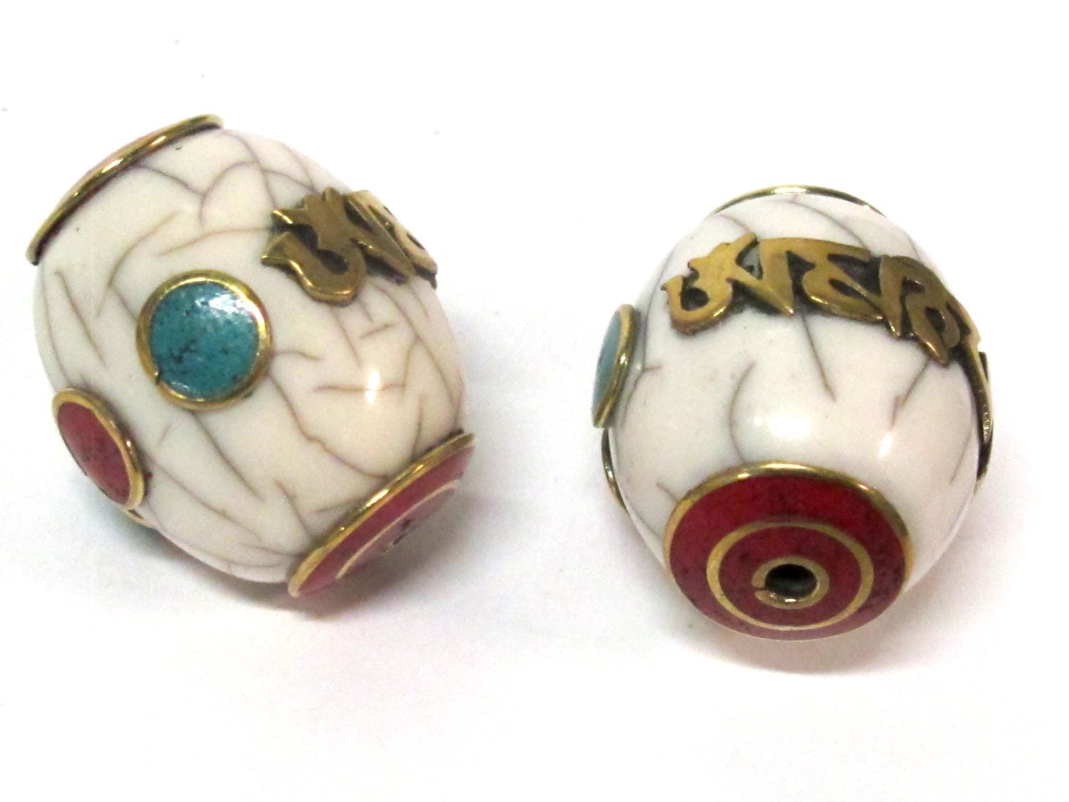 1 Bead- Large thick Tibetan white crackle resin Om mantra bead with brass turquoise and inlay - mala making focal bead - BD954