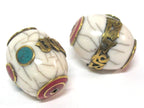 1 Bead- Large thick Tibetan white crackle resin Om mantra bead with brass turquoise and inlay - mala making focal bead - BD954