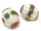 1 Bead- Large thick Tibetan white crackle resin Om mantra bead with brass turquoise and inlay - mala making focal bead - BD954