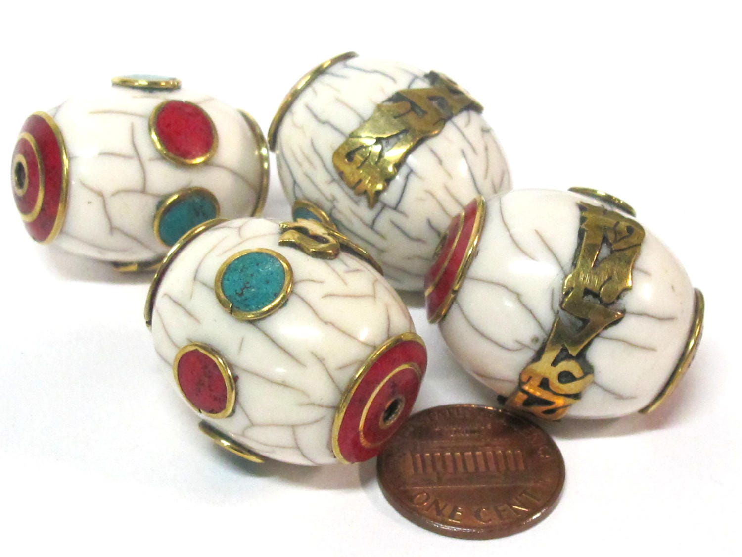 1 Bead- Large thick Tibetan white crackle resin Om mantra bead with brass turquoise and inlay - mala making focal bead - BD954