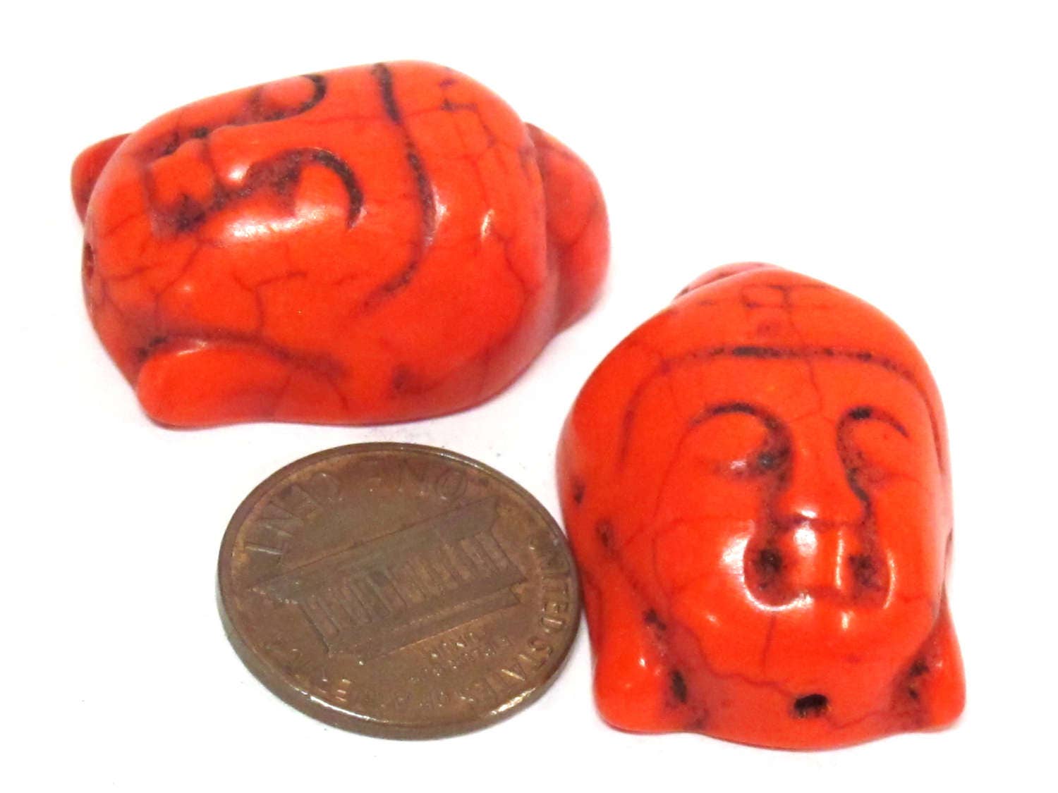 2 BEADS - Orange color turquoise howlite Buddha bead - BD287A