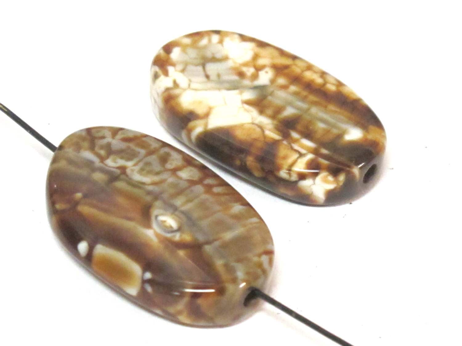 4 beads - Fossil agate flat large oval flat disc shape beads - GM427