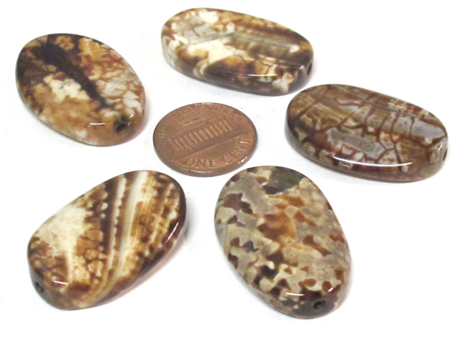 4 beads - Fossil agate flat large oval flat disc shape beads - GM427