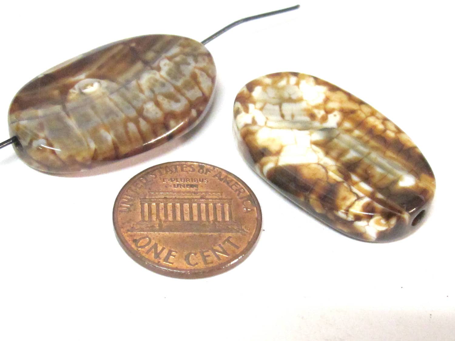 4 beads - Fossil agate flat large oval flat disc shape beads - GM427