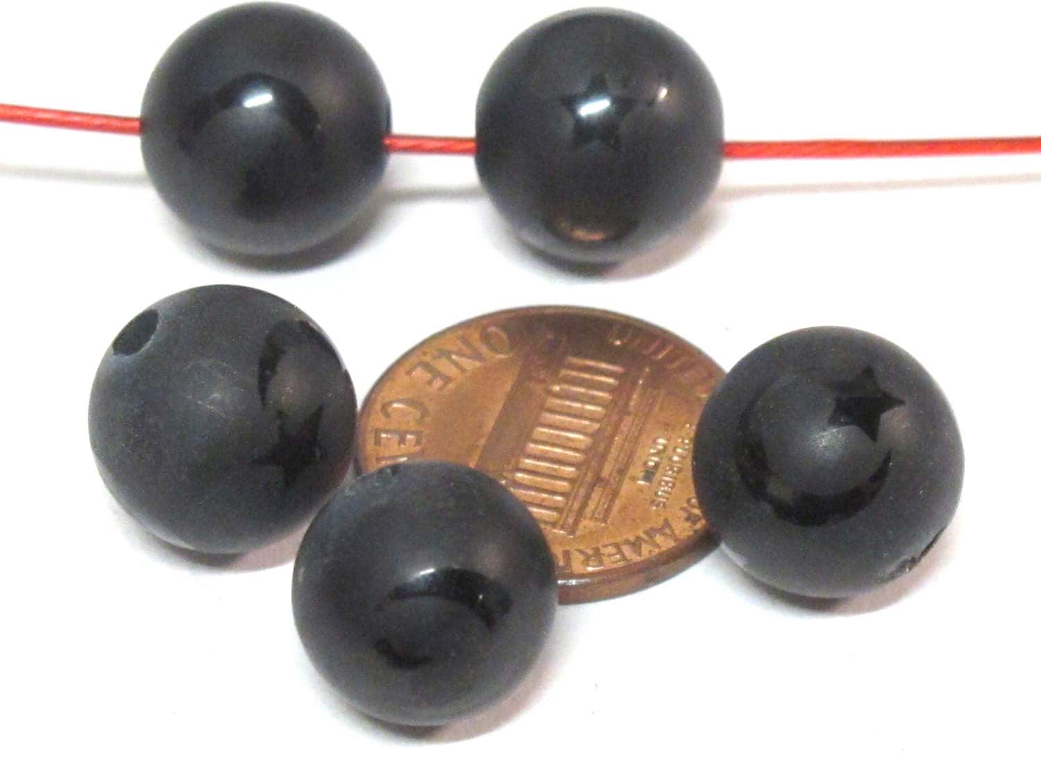 2 Beads - 12 mm Black onyx etched Tibetan star moon design bead - GM429