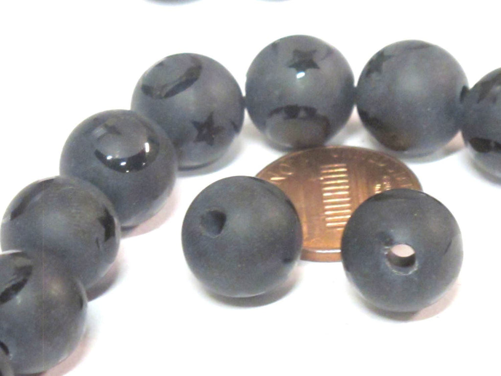2 Beads - 12 mm Black onyx etched Tibetan star moon design bead - GM429