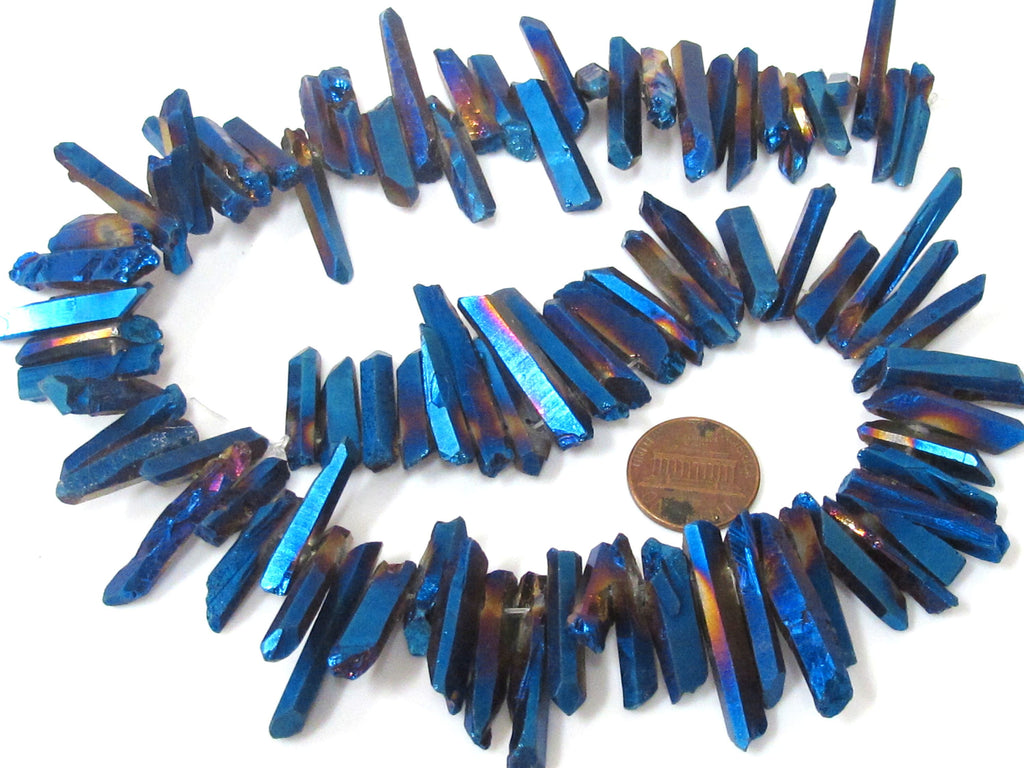 1 full strand 15.5 inches - Electrifying mystic blue titanium quartz points needle stick shape beads - GM436