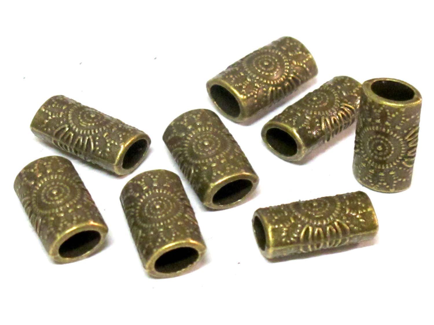 4 Beads-Brass tone sun floral design large hole convex cylinder shape metal beads - BD955
