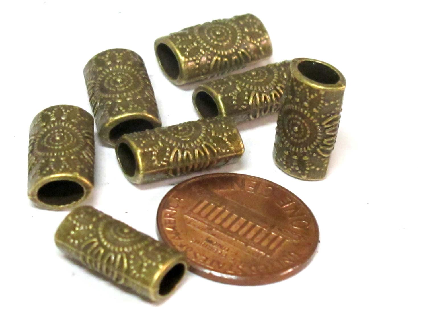 4 Beads-Brass tone sun floral design large hole convex cylinder shape metal beads - BD955