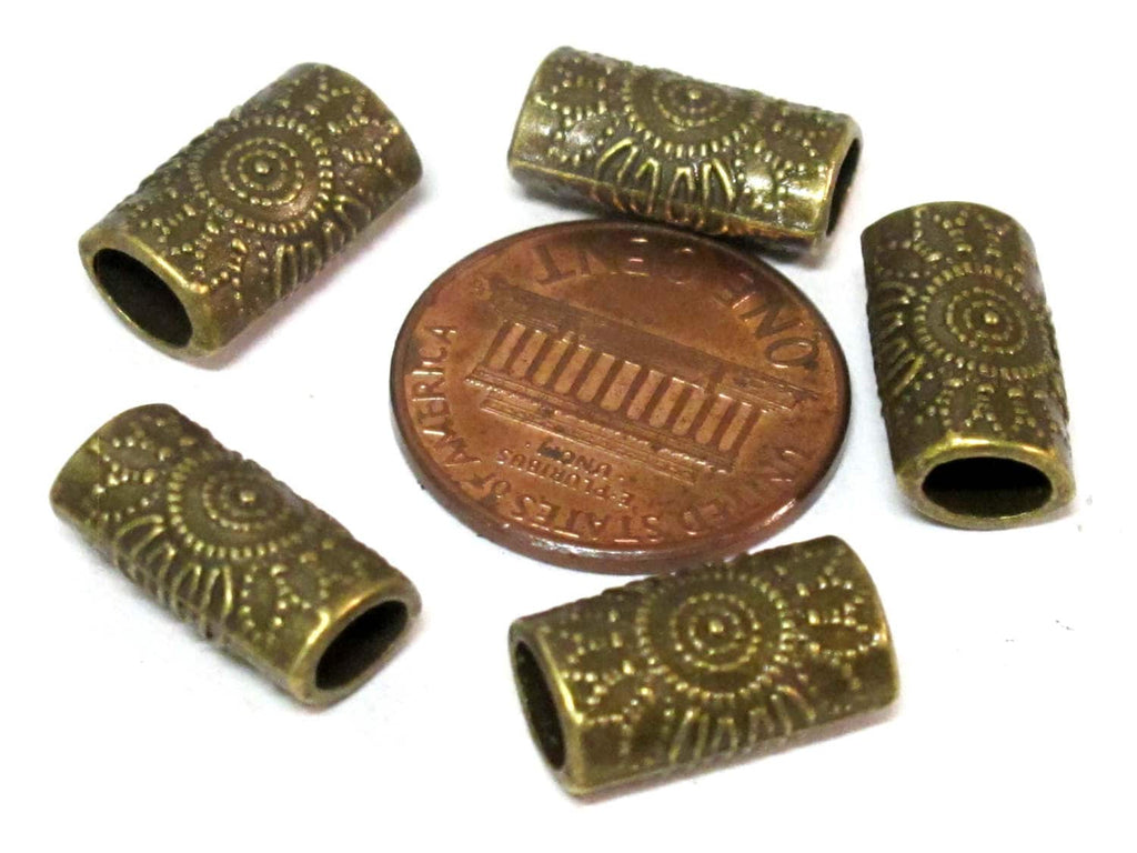 4 Beads-Brass tone sun floral design large hole convex cylinder shape metal beads - BD955