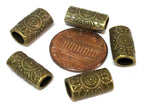 4 Beads-Brass tone sun floral design large hole convex cylinder shape metal beads - BD955