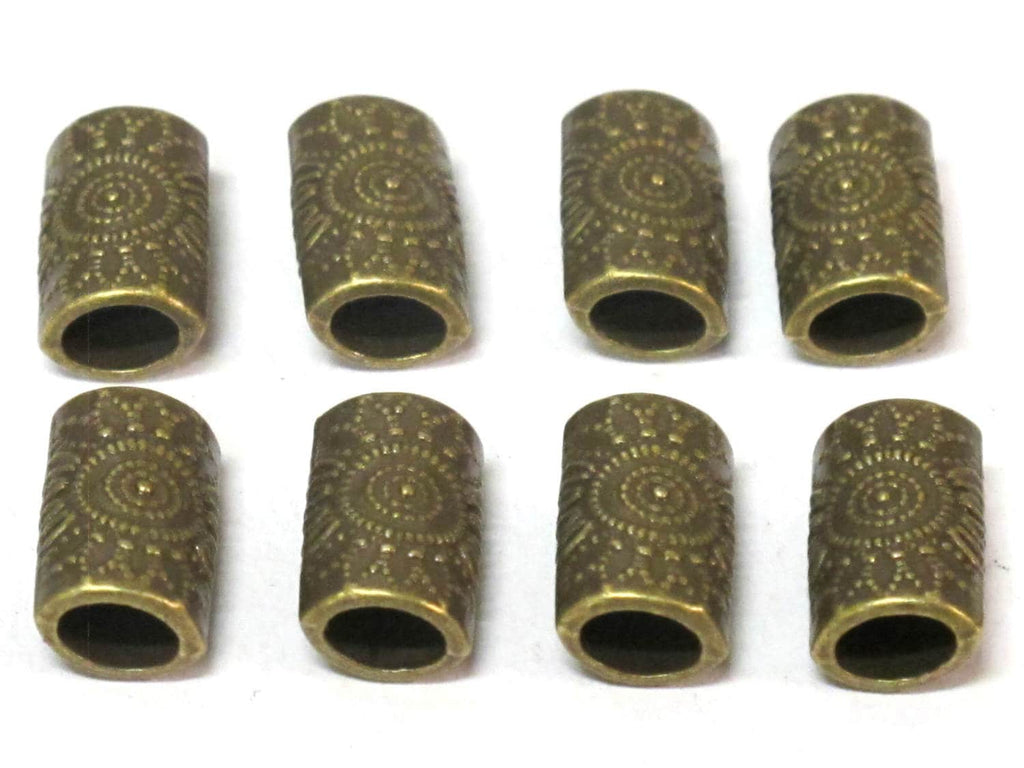 4 Beads-Brass tone sun floral design large hole convex cylinder shape metal beads - BD955