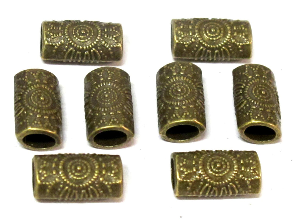 4 Beads-Brass tone sun floral design large hole convex cylinder shape metal beads - BD955